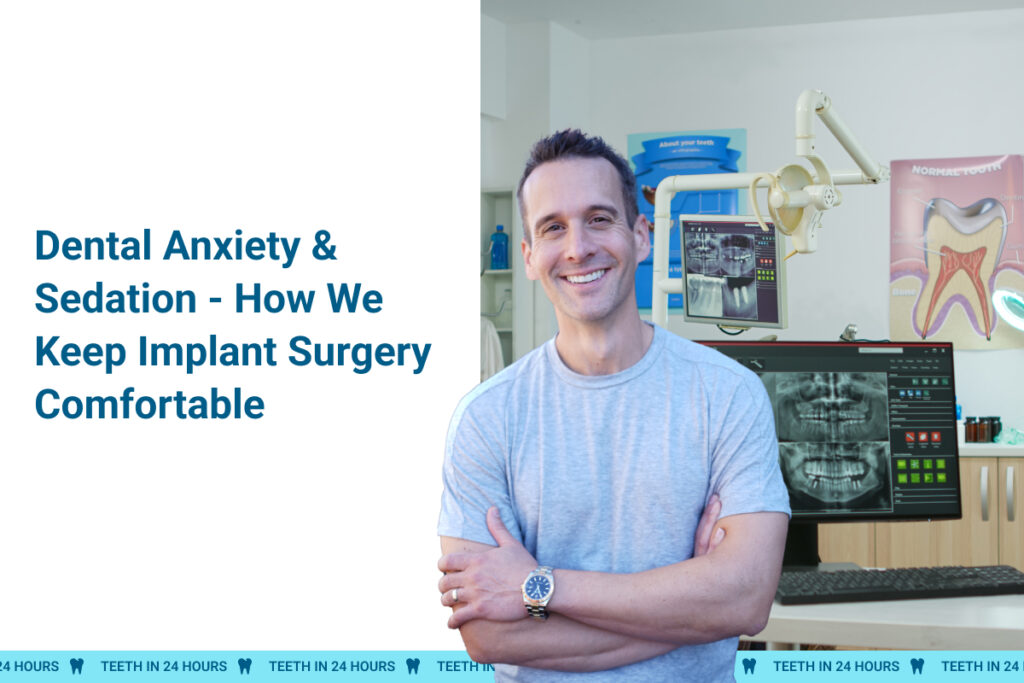 Dr. Lampee smiling in a modern dental office with digital x-rays in the background – Dental Anxiety & Sedation solutions for comfortable dental implant surgery.
