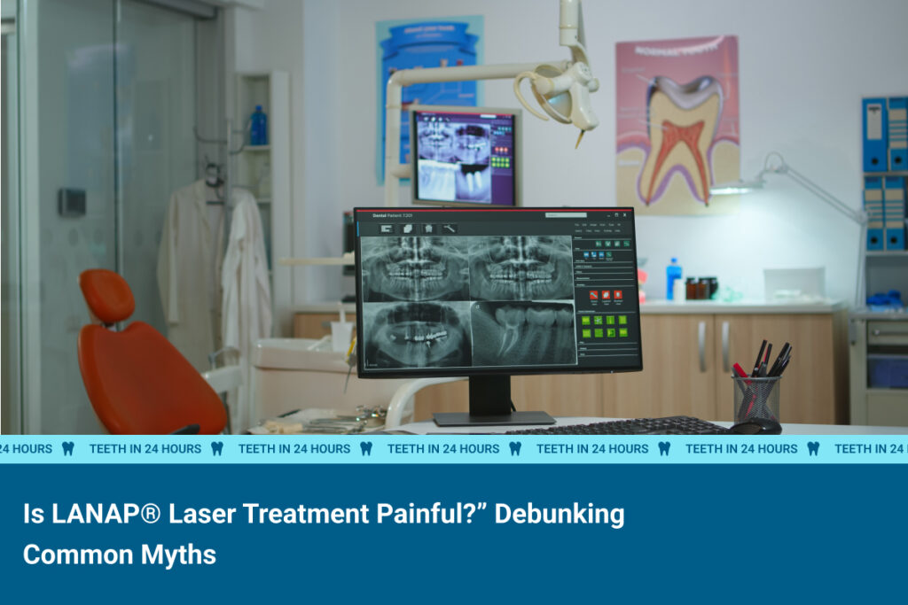 A dental office with equipment and a screen displaying a patient's teeth. Dr Lampee is committed to preserving your smile for the years to come.